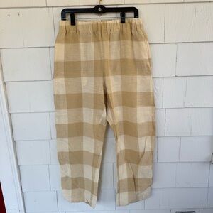 Apuntob Linen Check Elastic Waist Cream Tan Pants size Large
